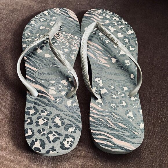 New Havaianas Slim Metallic Grey African Tropical Jungle Animal Print 11/12 US - Picture 2 of 4